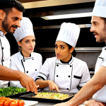 ** A multinational kitchen team in a high-end restaurant, with chefs of various ethnicities collaborating. The head chef, possibly Italian, is gesturing while explaining a technique in English. Focus on teamwork, communication, and the diversity of culinary knowledge.

**