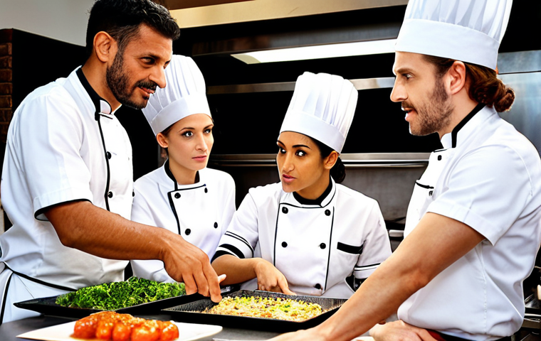 ** A multinational kitchen team in a high-end restaurant, with chefs of various ethnicities collaborating. The head chef, possibly Italian, is gesturing while explaining a technique in English. Focus on teamwork, communication, and the diversity of culinary knowledge.

**