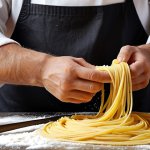**Italian Cuisine Adventure:** Fresh pasta making, semolina flour, egg yolks, professional chef vibe, Italy.