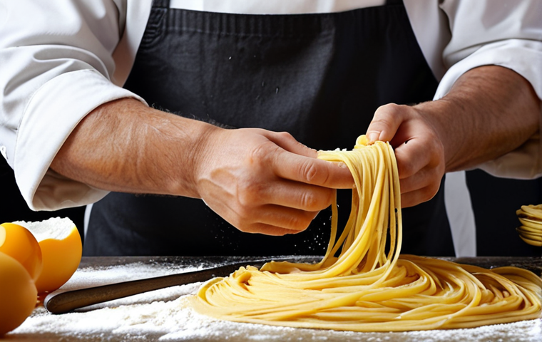 **Italian Cuisine Adventure:** Fresh pasta making, semolina flour, egg yolks, professional chef vibe, Italy.